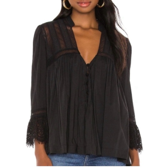 Free People Tops - Free People Esme Black Lace-Trim V-Neck Women's Top